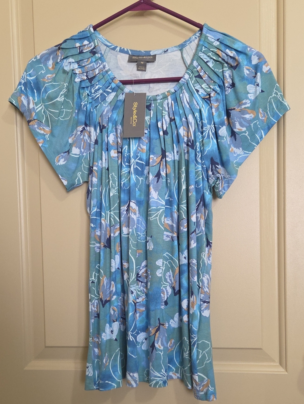 Style & Co. Teal Blue Floral Pleated Short-Sleeve Tunic